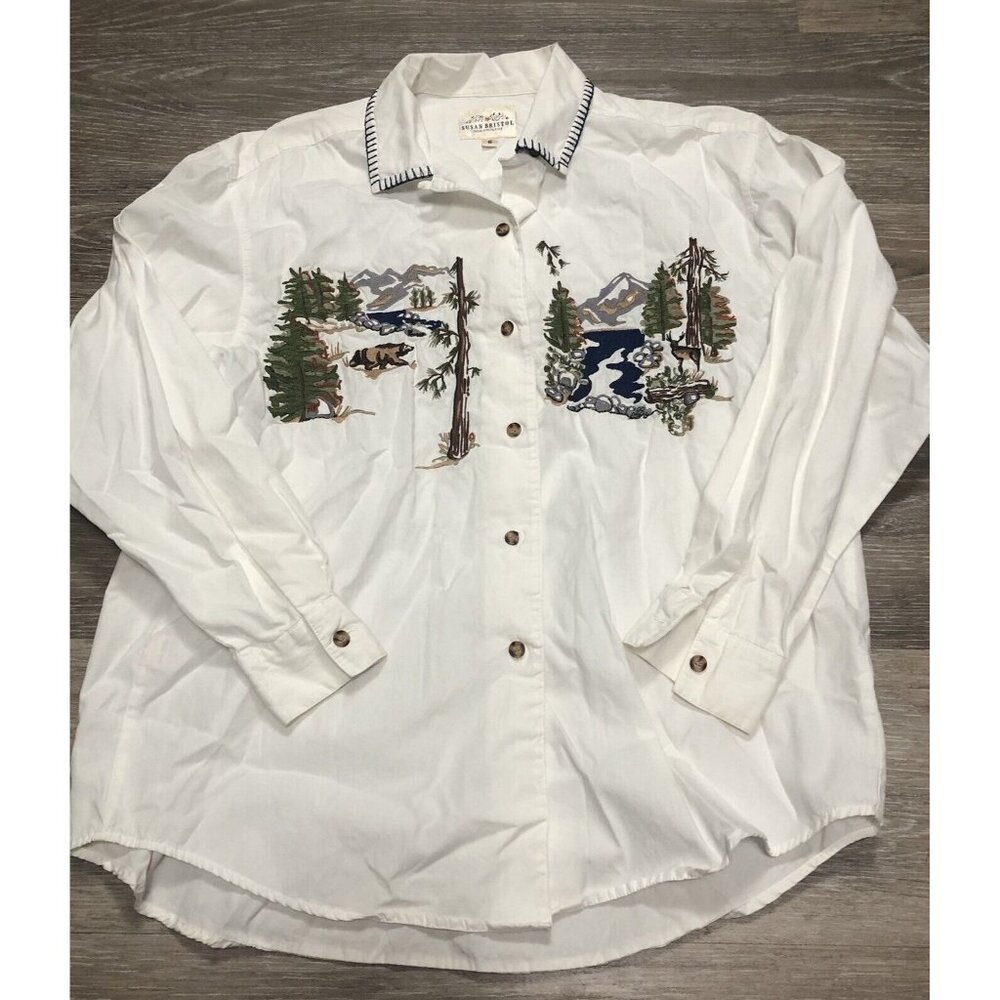 Vintage Susan Bristol Womens Size 6 Embroidered Bear Nature Top Peasant Shirt S‎
